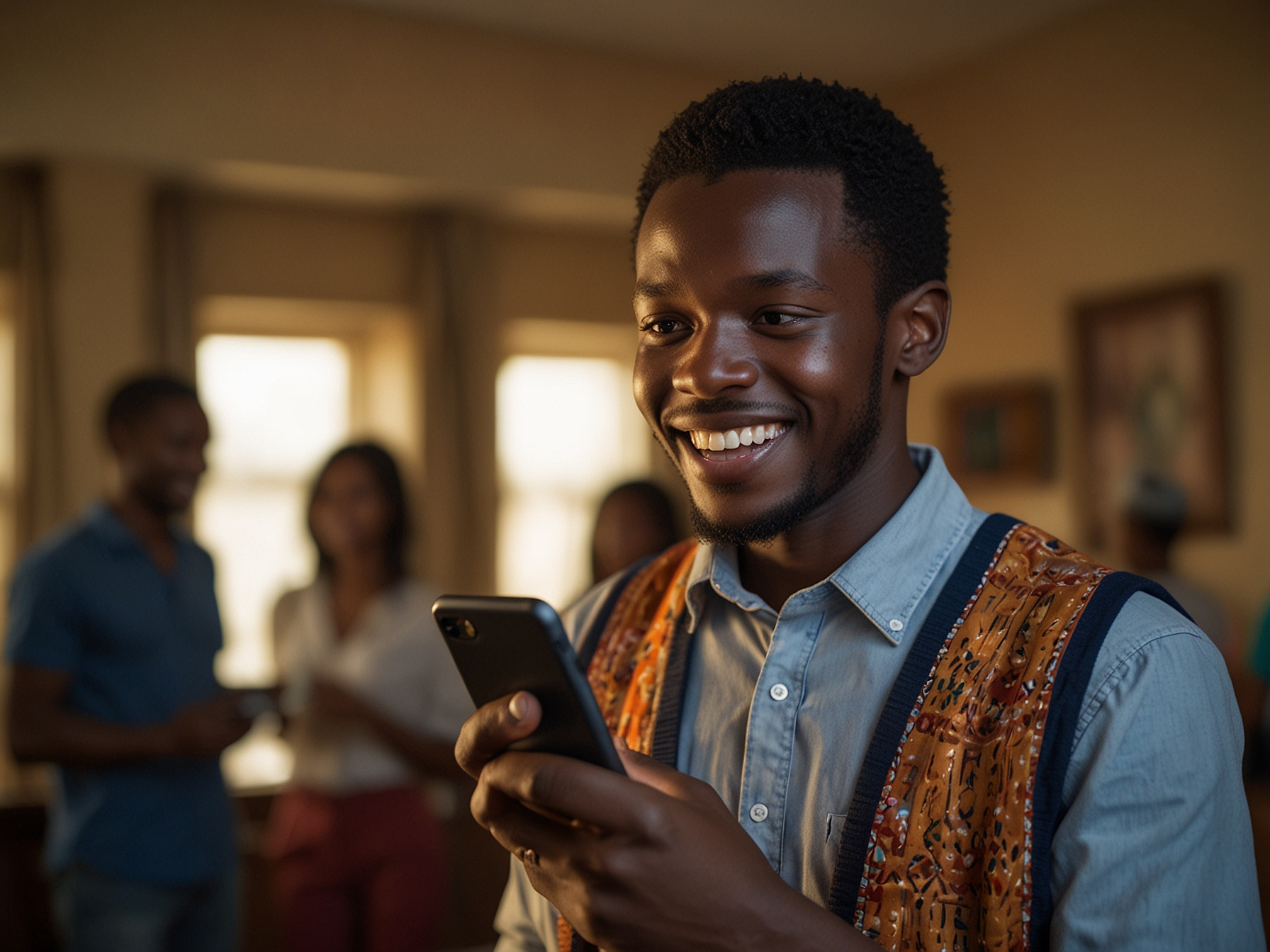 Player holding smartphone with bonus screen